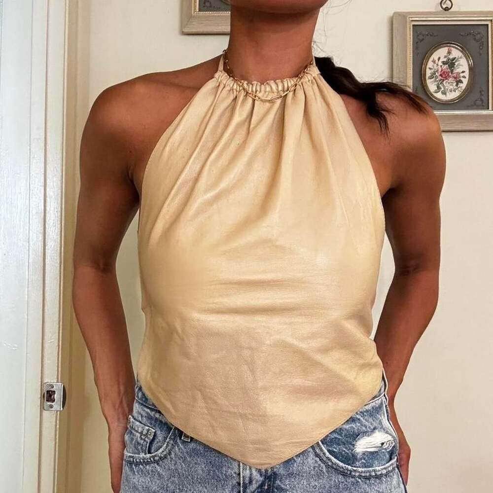 bebe Leather Halter Top Size 6 Cream Beige Y2K Open Back Vintage